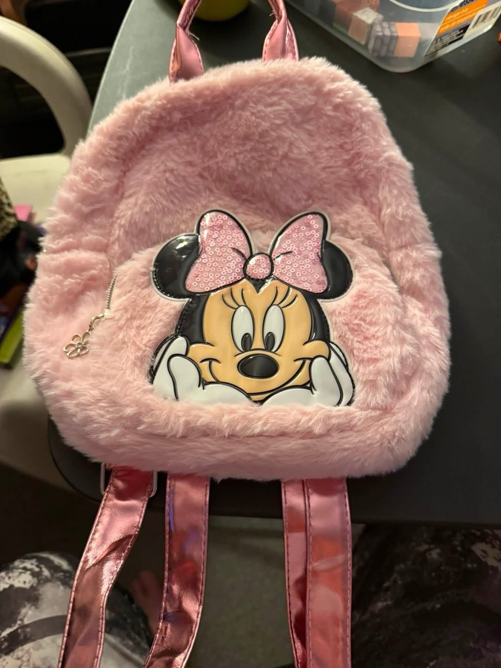 Disney Pink Faux Fur Minnie Mouse Kids Backpack with Shiny Bow Accent
